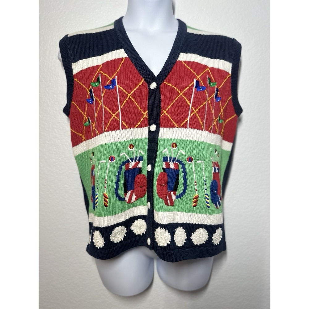 VTG Y2K Women's Golf Themed Navy Sweater Vest by Terazzo, Size: Large